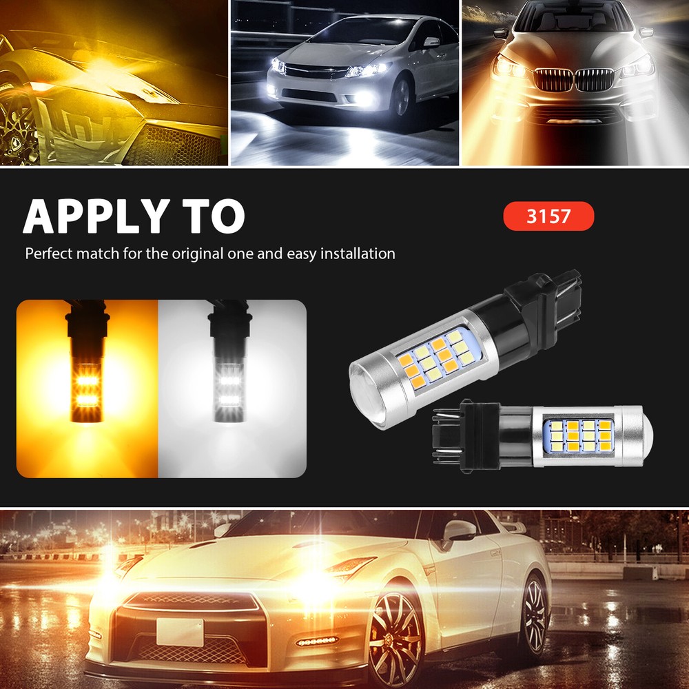 4X Error Free White/Amber 3157 LED DRL Switchback Turn Signal Parking Light Bulb