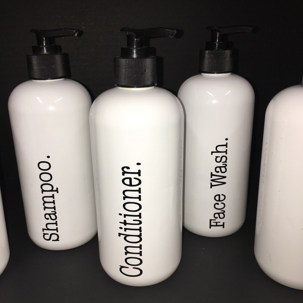 Apothecary Empty White Plastic Bottles with Black Graphics,Pump 16 Oz