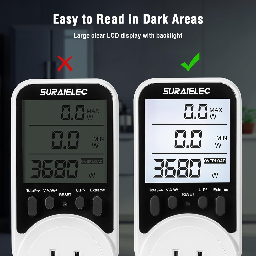 Watt Meter, Plug-in Socket Power Meter, 90V-250V Wide Range, Backlit Large Displ