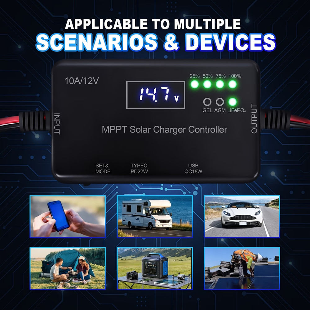 12V 10A MPPT Solar Charge Controller Type-C & USB Output for Solar Panel Battery
