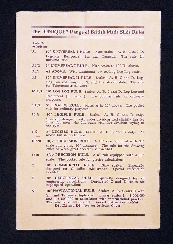 Vintage Unique Slide Rules "Half-Hour" Instructions Booklet / Manual