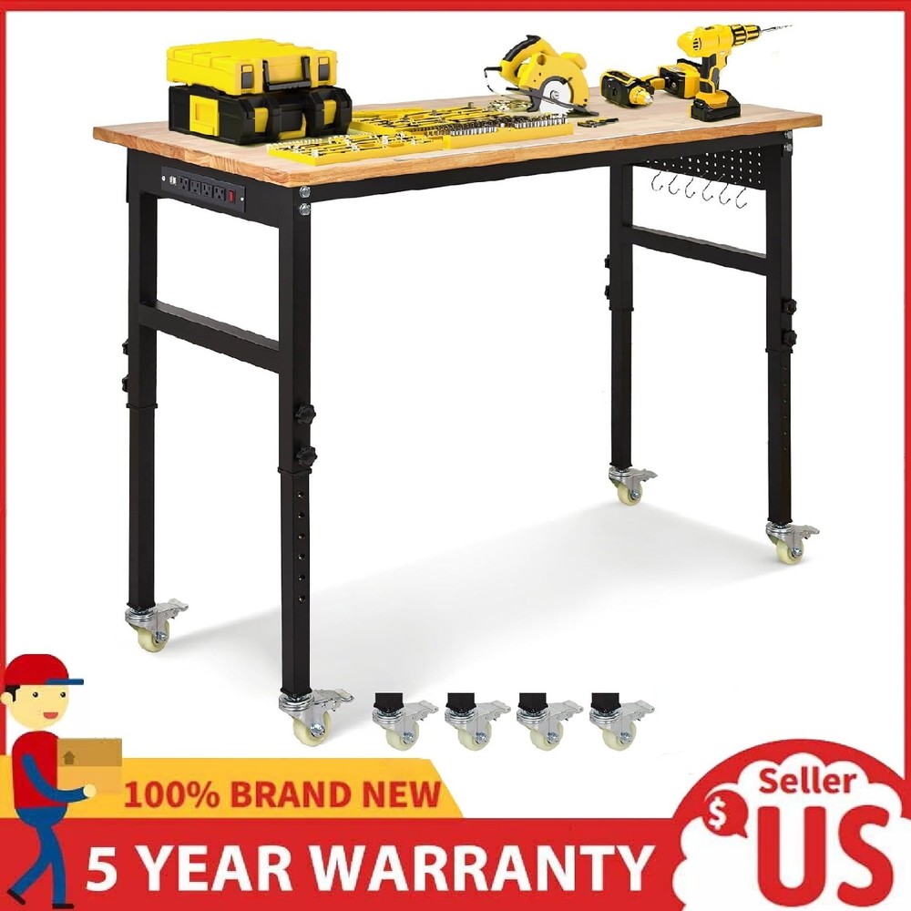 48" Adjustable Workbench w/Wheels & Power Outlets, 2000Lbs Work Table for Garage