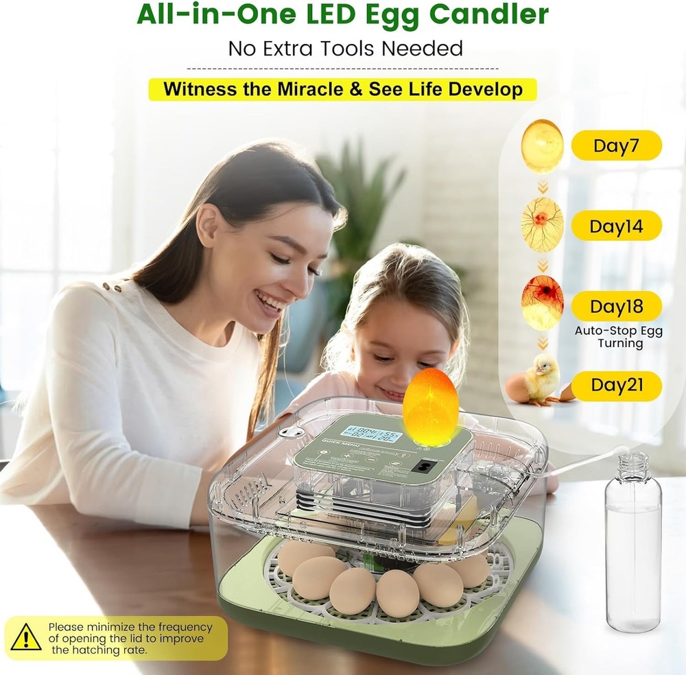 12 Egg Incubator with Automatic Turning, Auto Water Refill & Temp/Humidity Co...