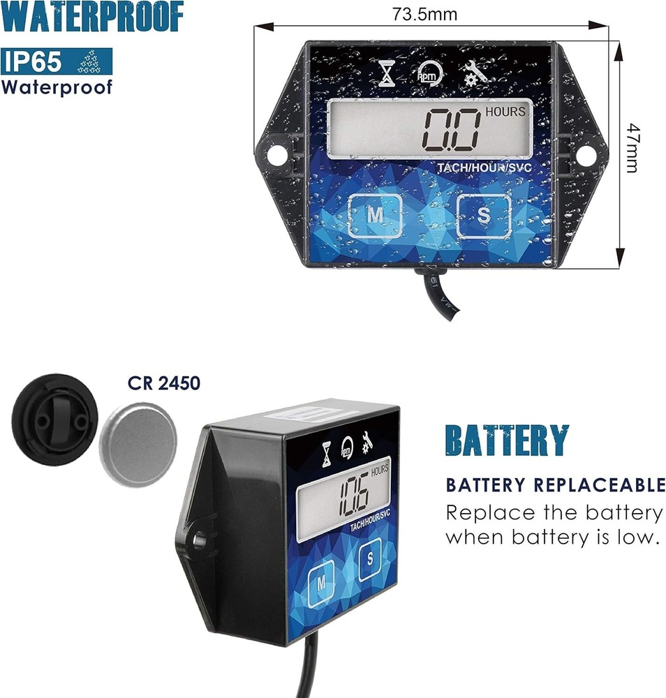 Digital Hour Meter & Tachometer - Waterproof, Battery Replaceable Engine Timer