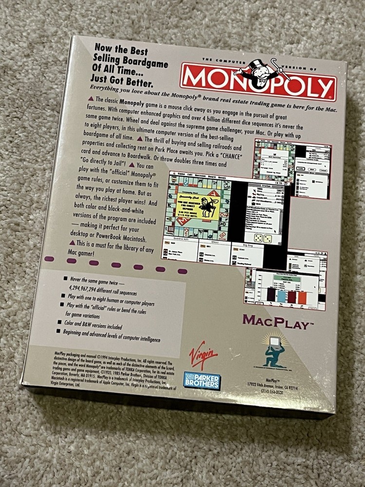 Monopoly (MacPlay, Computer Game Version) COMPLETE Macintosh Software Game