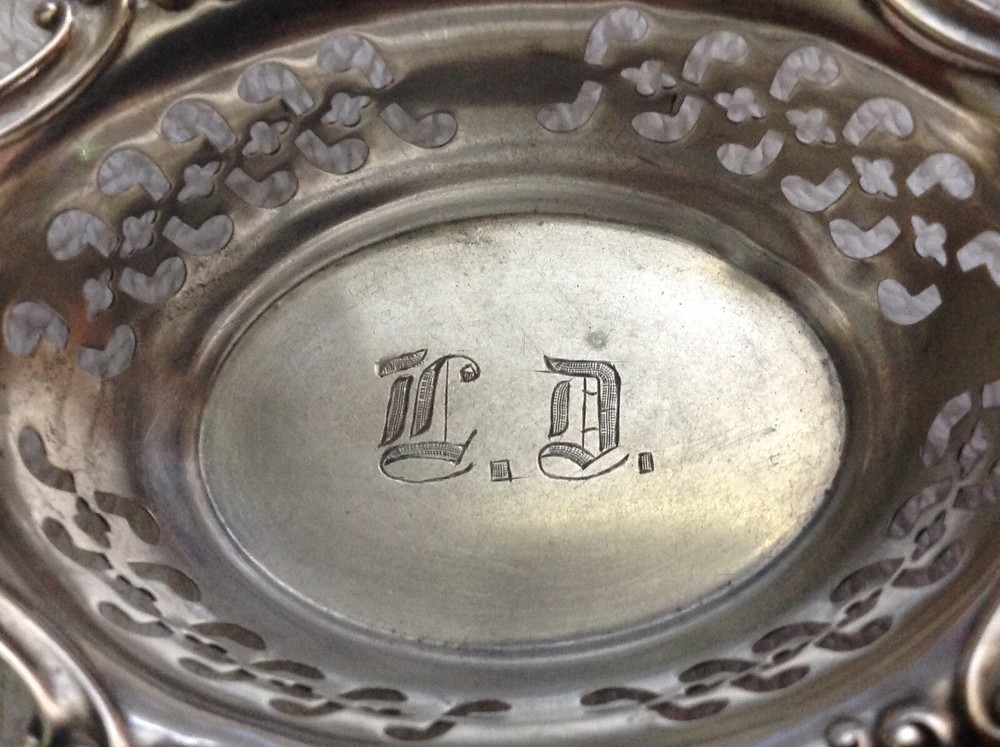 4 GORHAM STERLING SILVER PIERCED NUT BOWL DISH, ONE MONOGRAMMED
