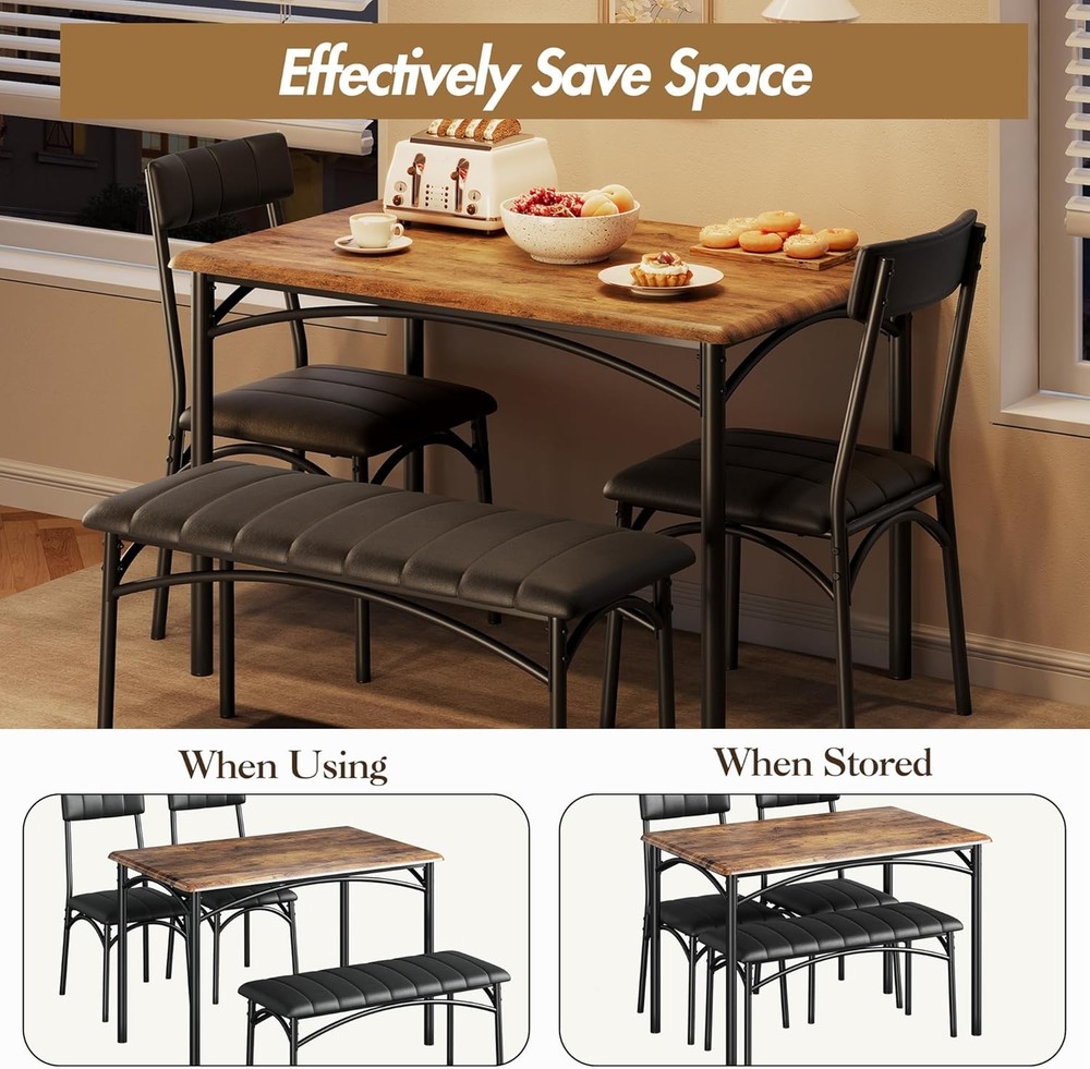 Dining Table Set 4 Space-Saving Wood Kitchen Table W/ Upholstered Bench & 2