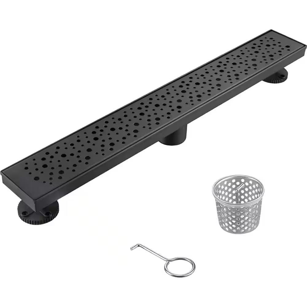 32 In. Linear Stainless Steel Shower Drain with Rain Drop Pattern, Matte Black