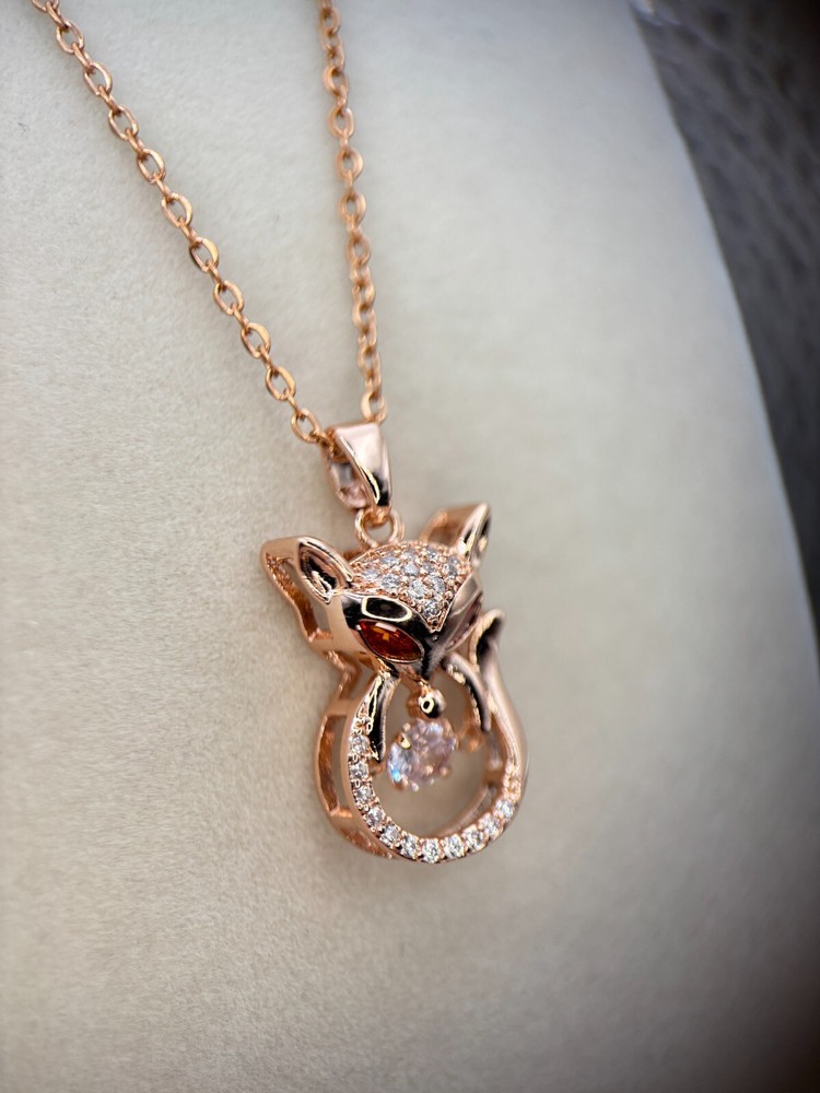 Fifth Ave Rose Gold Rhinestone Cat or Fox Ruby Pendant Necklace