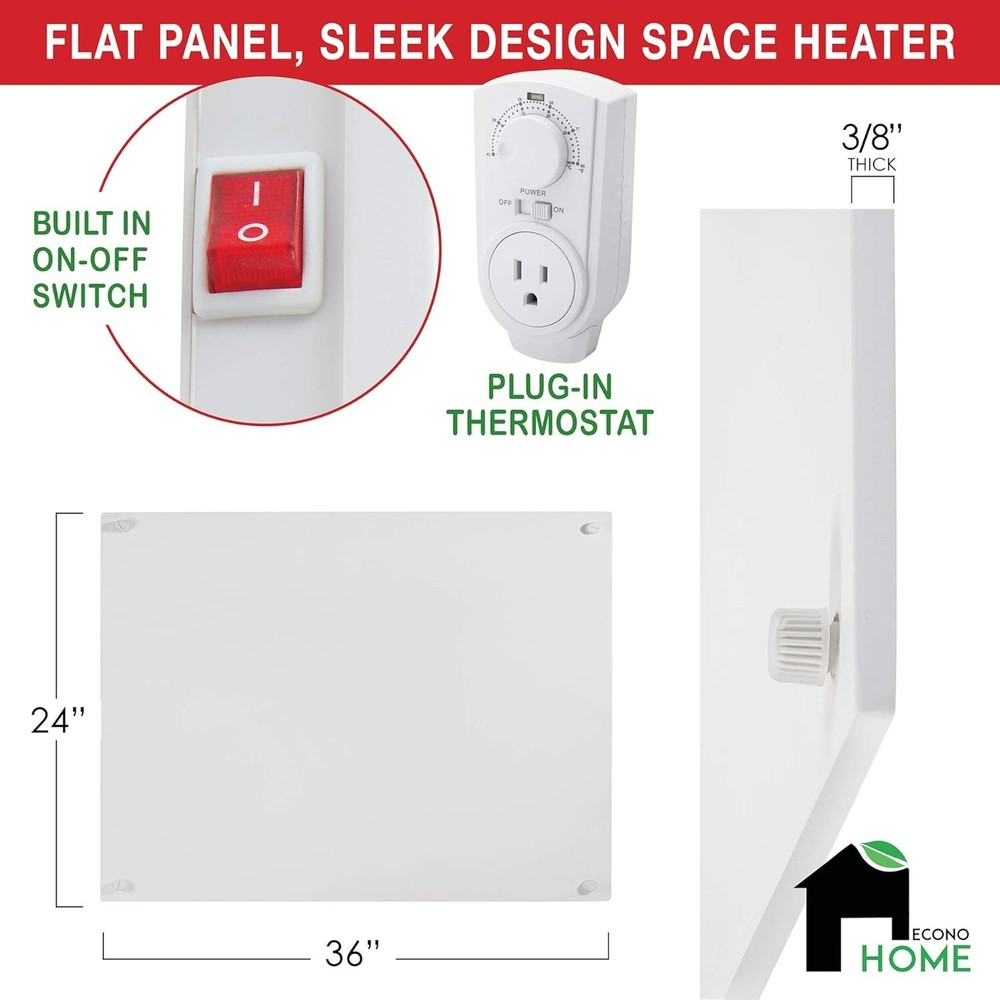 EconoHome Wall Mount Space Heater Panel - with Thermostat - 600 Watt