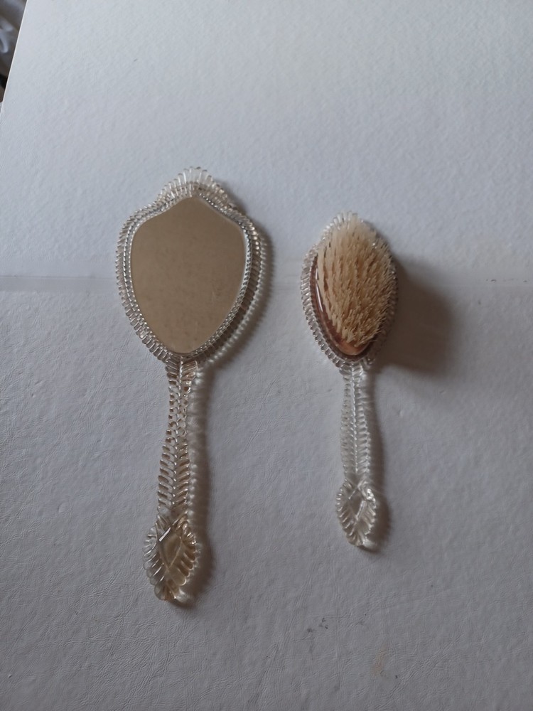 Vintage Clear Plastic/Lucite Vanity Brush and Mirror Set.
