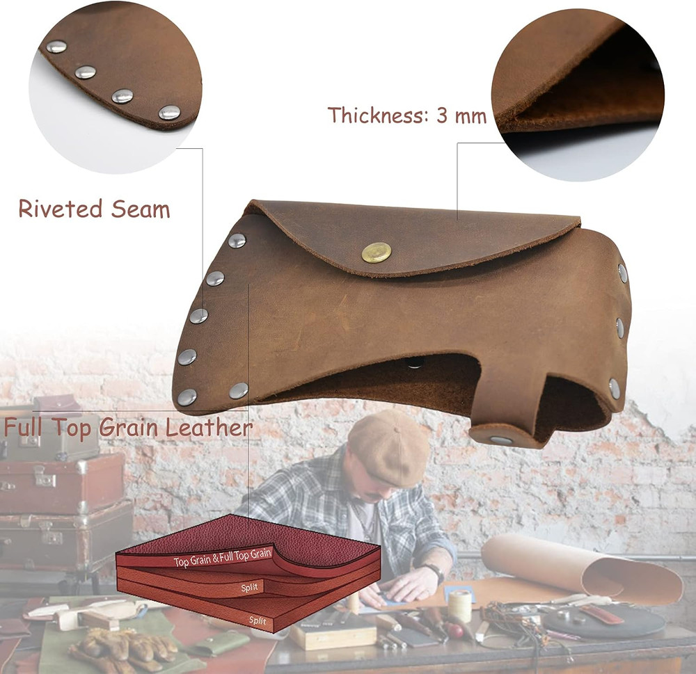 Leather Axe Sheath, Durable Hatchet Cover, Rustic Brown Full Grain Leather