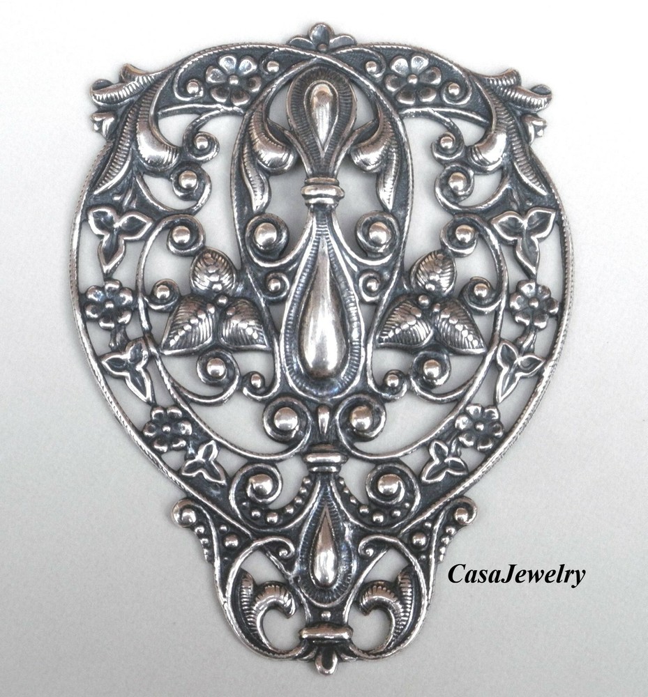 #4108 LARGE ANTIQUED STERLING SILVER PLATED FILIGREE SHIELD COMPONENT - 1 Pc
