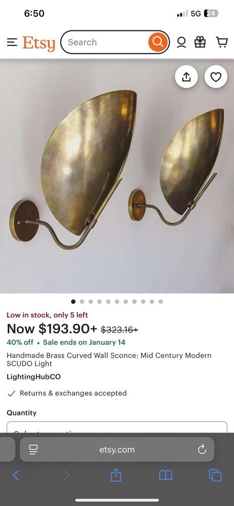 Mid Century Inspired Modern Brass Sconces Lights 1 Pair