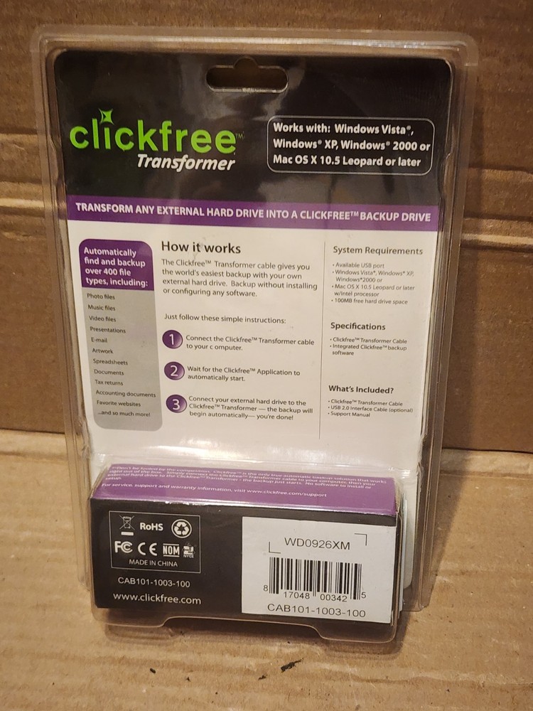 Clickfree Transformer CAB101 Backup Drive Transform Any External Hard Drive NEW