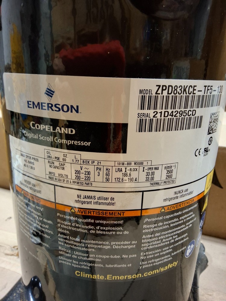 Emerson Copeland Scroll Compressor ZPD83KCE-TF5-130 3-Phase 60 Hz