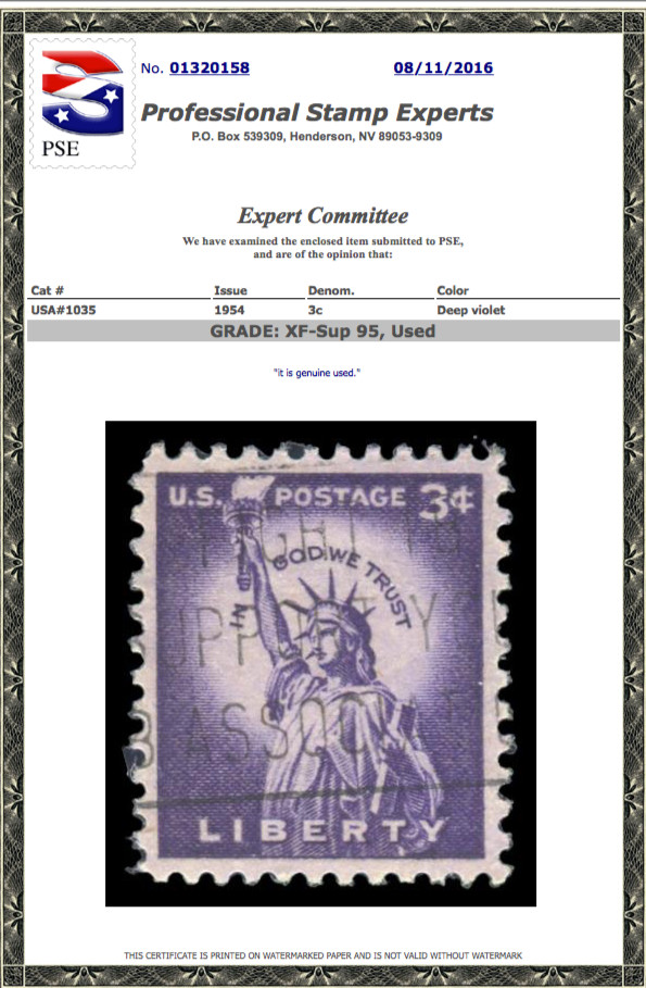 1035 Used PSE Graded 95, Cert # 01320158