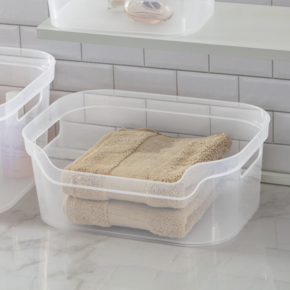 (4 pack) Medium Open Bin, Clear Plastic, Easy Access Bin with Scoop Front