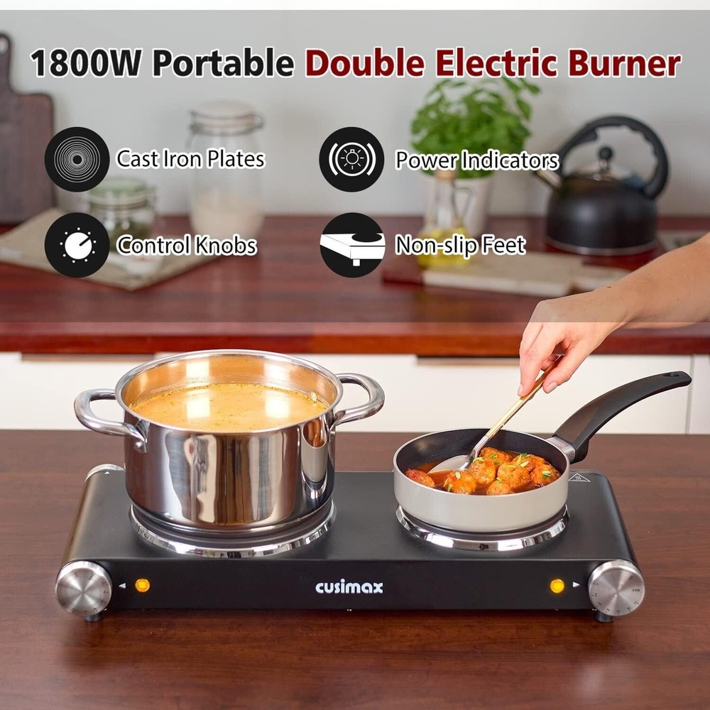 Double Hot Plates Electric Burner 1800W with Adjustable Temperature Control