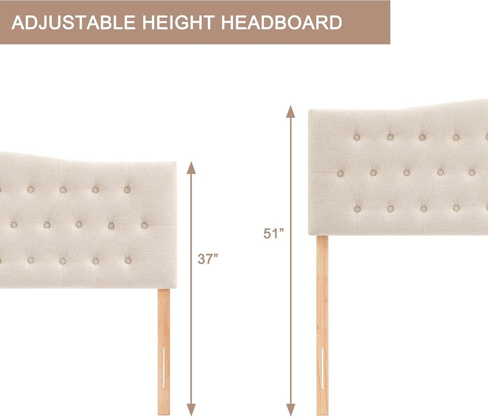 Queen Headboard Tufted Upholstered Bed Frame Linen Adjustable Height Modern D...