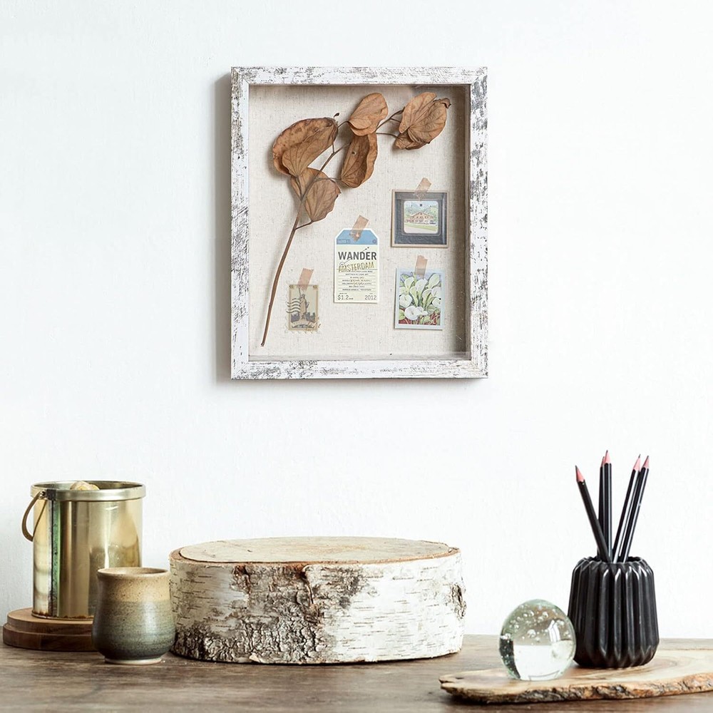 Shadow Box Frame with Linen Back - Sturdy Rustic Memory 8x10 Distressed White