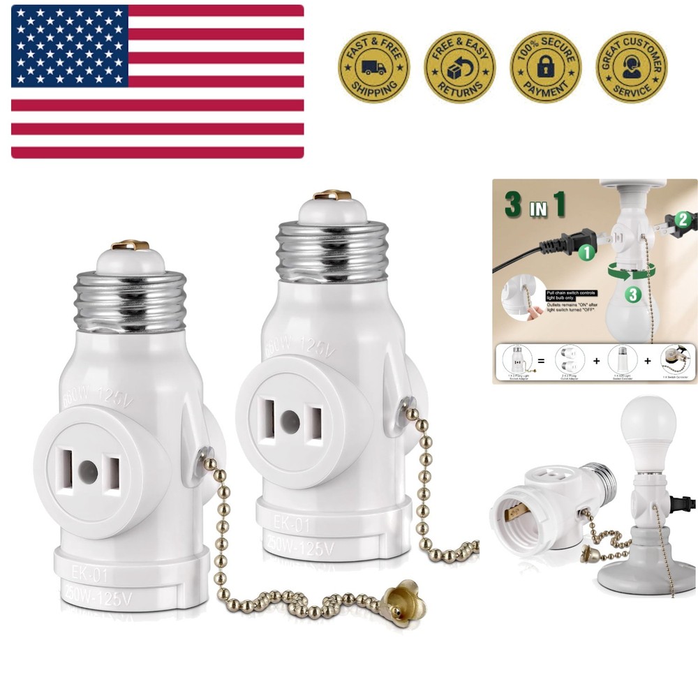 2-Pack E26 Light Socket Adapter - Converts Medium Screw Socket to Two Outlets...