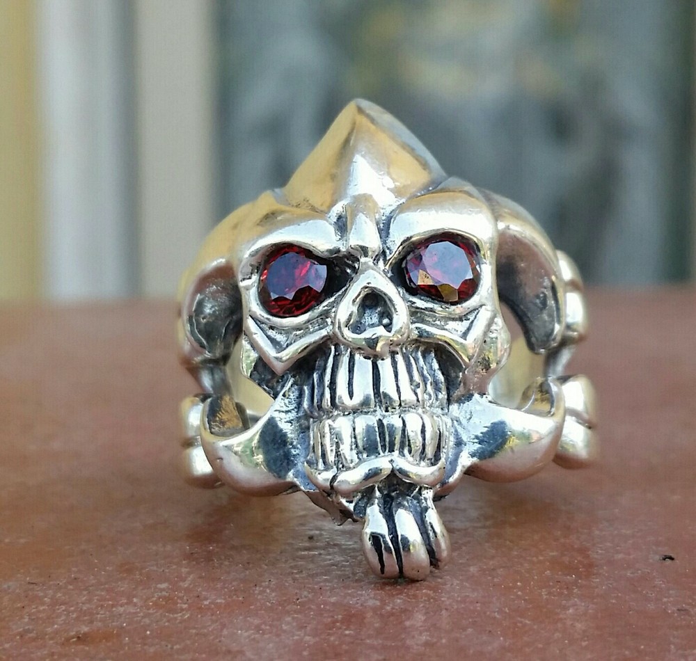 925 MENS SILVER RING motorcycle skull harley garnets ruby color