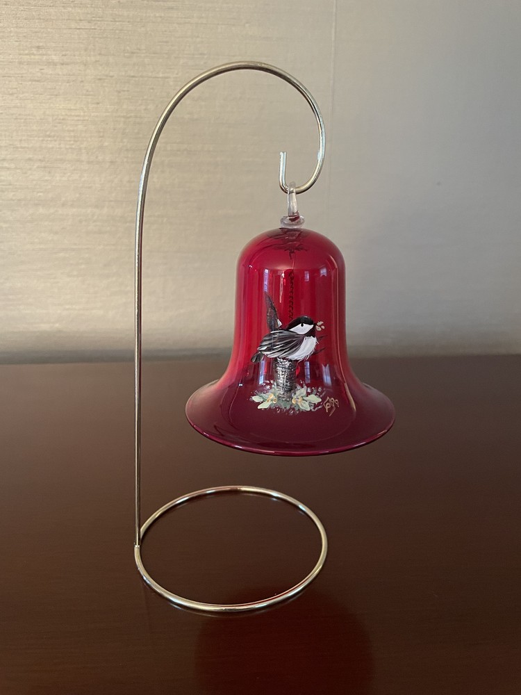 Pairpoint-Vintage 'Chickadee' Hand Painted Glass Bell Ornament-Signed 1999