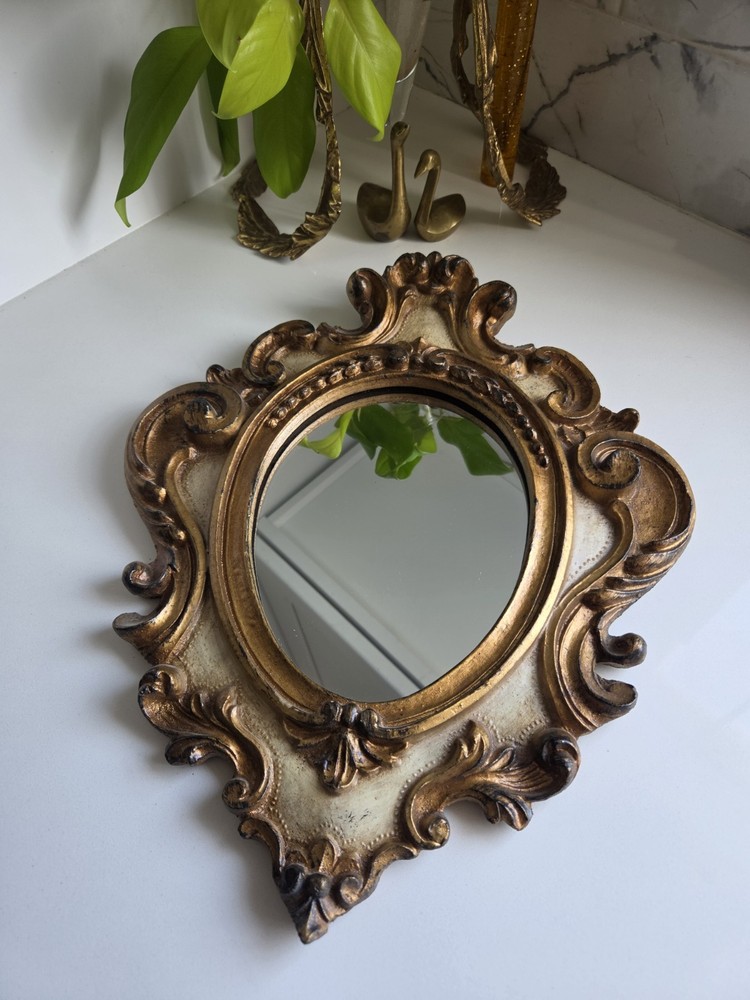 Vintage Ornate Wood Framed Oval Mirror, Scroll Design