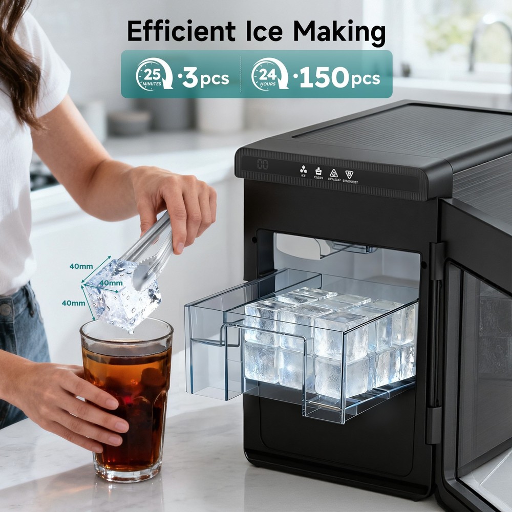 Compact Countertop Ice Machine 1.6" Square Ice Cubes Clear Ice Maker LED Light