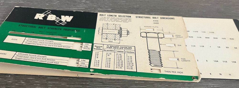 Vintage RB&W Structural Bolt Strength Properties Slide Rule