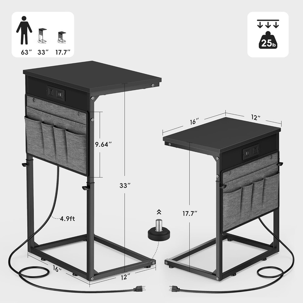 C Shaped End Table W/ Charging Station Tall C Table End Table Adjustable Height