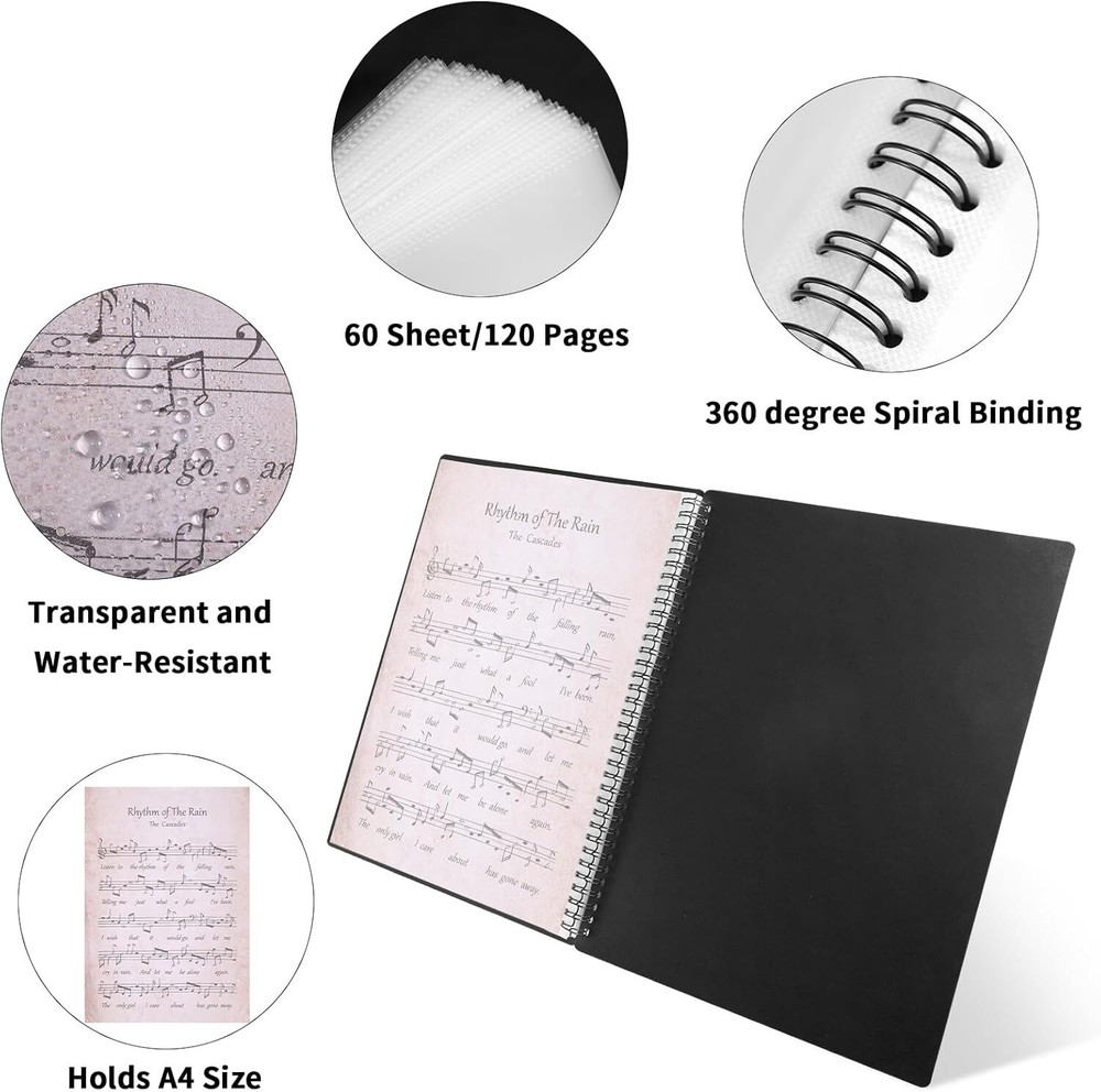 120Pages Sheet Music Folder A4, Spiral Binder File Folder, Black