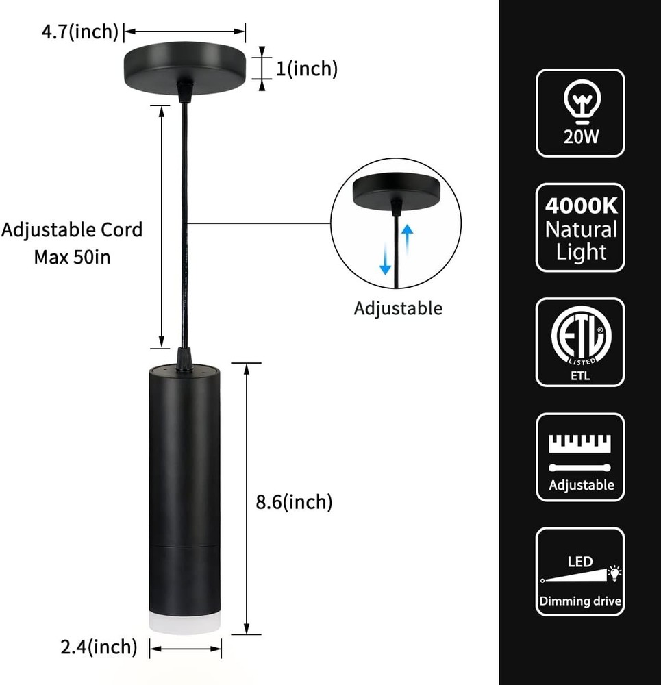 Pendant Lights Kitchen Island, Modern Unique Adjustable 1-Pack Matt Black