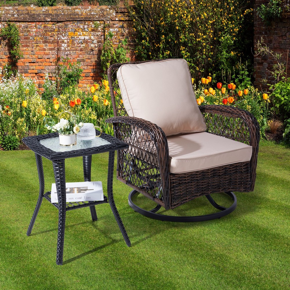 Outdoor Patio Coffee Table Side Table with 2-Tier Storage Shelf PE Wicker Table