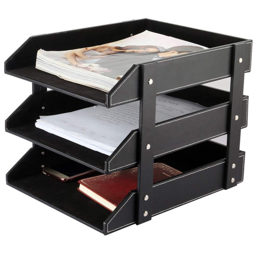 Leather Desk File Organizer 3Layer Stackable Tray Stationery Storage Black