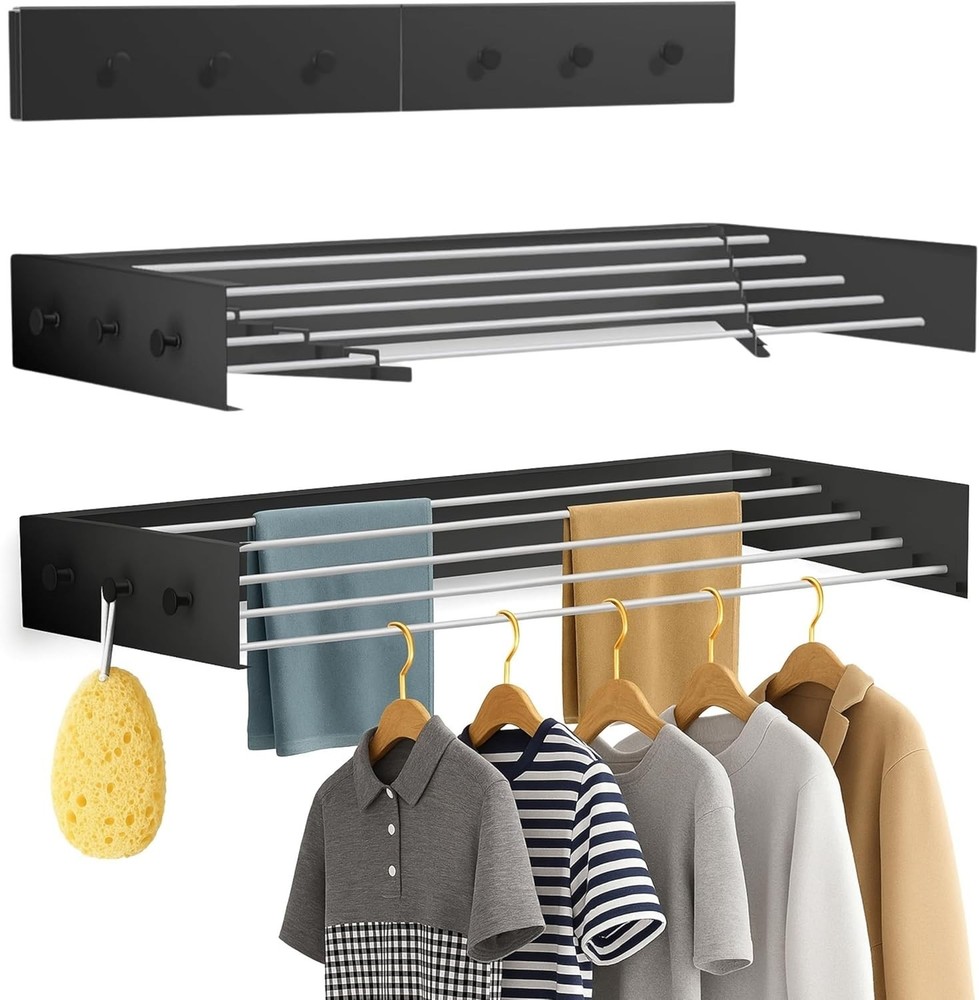 31.5" Wall Mounted Drying Racks for Laundry  Retractable Clothes Rack - black