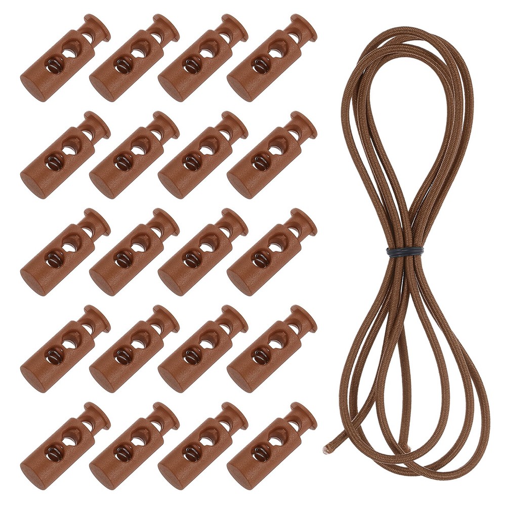 25 Pcs Double Hole Cord Locks with Elastic Cord, Coffee