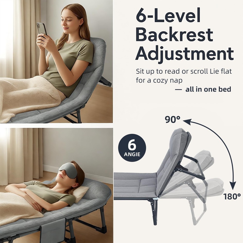 Chaise Lounge Chair, Folding Cot, 6-Angle Adjustable Camping Cot with Mattres...