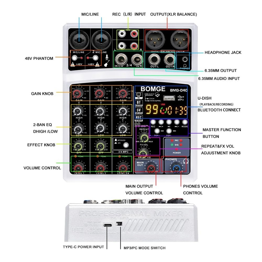 BOMGE 4 Channel dj Bluetooth Audio Mini Mixer with 99DSP Processor, USB Inter...