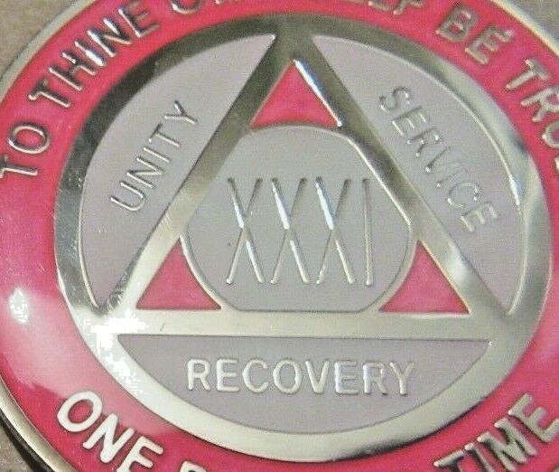 Glow Pink White Silver Alcoholics Anonymous 31 Year AA Medallion Sober Token