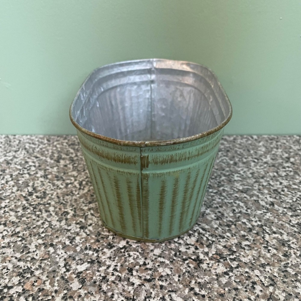 Galvanized Metal Green Oval Planter Or Storage Tin