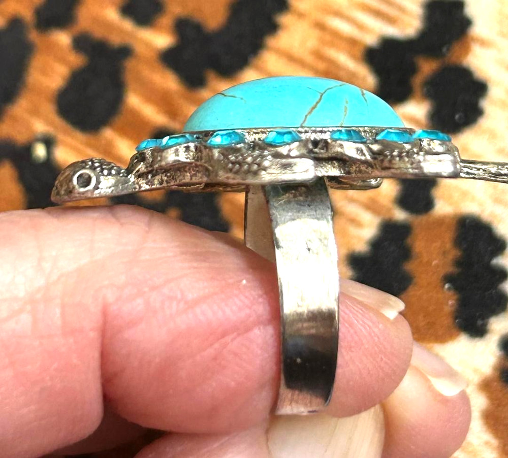 Woman's Vintage Turquoise Turtle Ring Silvertone Adjustable