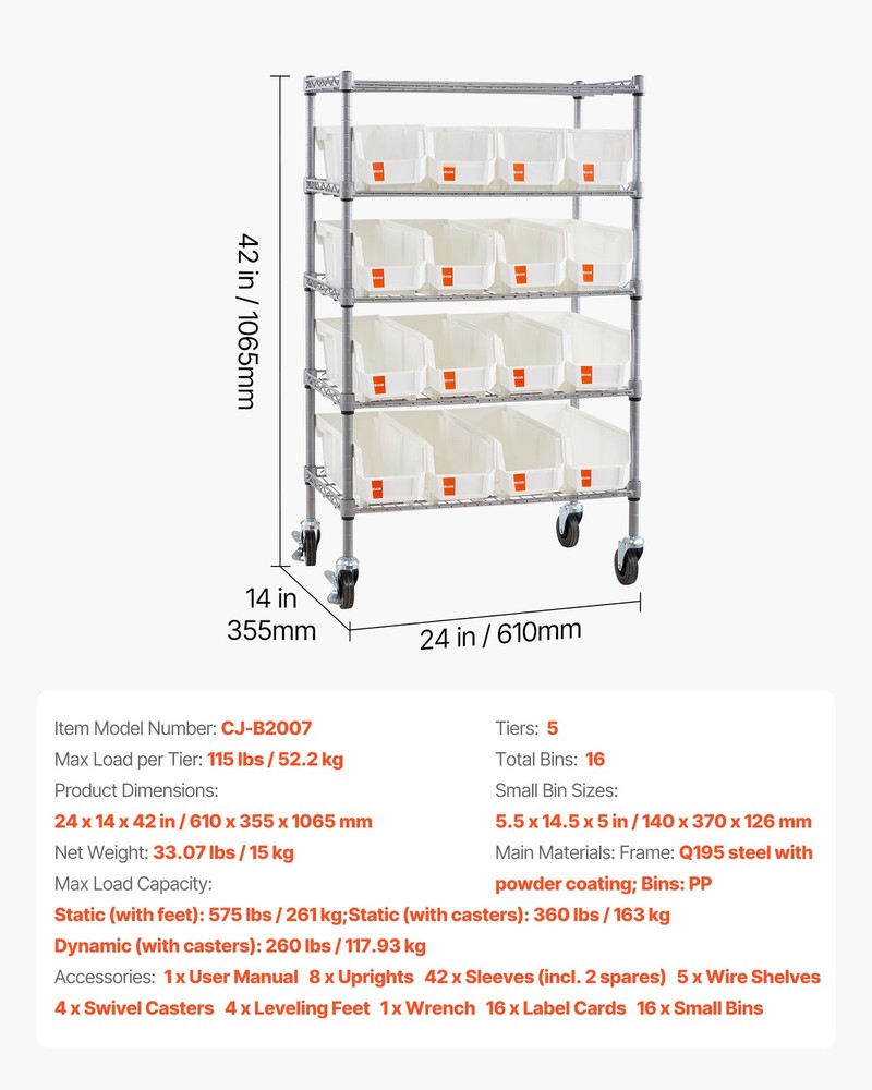 VEVOR Rolling Bin Storage Rack 5-Tier Bin Rack Storage System with 16 Bins
