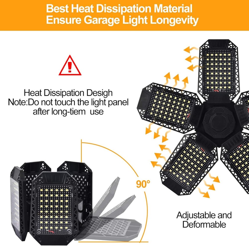 2 Pack LED Garage Lights, 120W Deformable Ceiling 2 PACK, Black