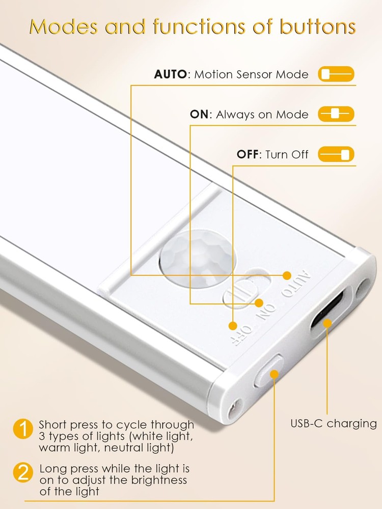Under Cabinet Lighting Wireless - Motion Sensor, 3 Color & Stepless Brightnes...