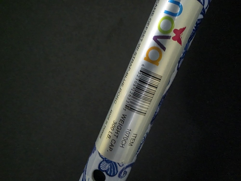 NOVA Adjustable Offset Cane Blue Porcelain Floral Pattern 300lb Capacity w Strap