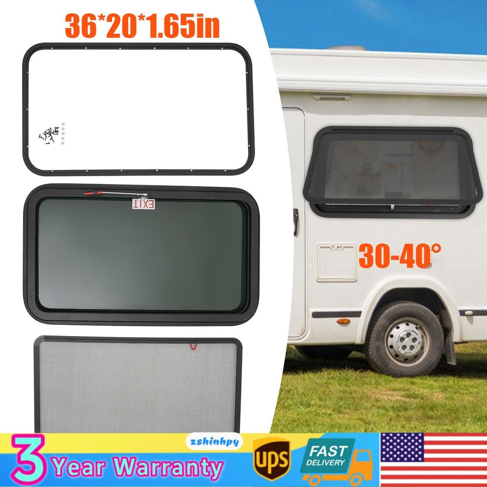 36" x 20" RV Exit Window with Trim Ring & Screen for Campers and Trailers