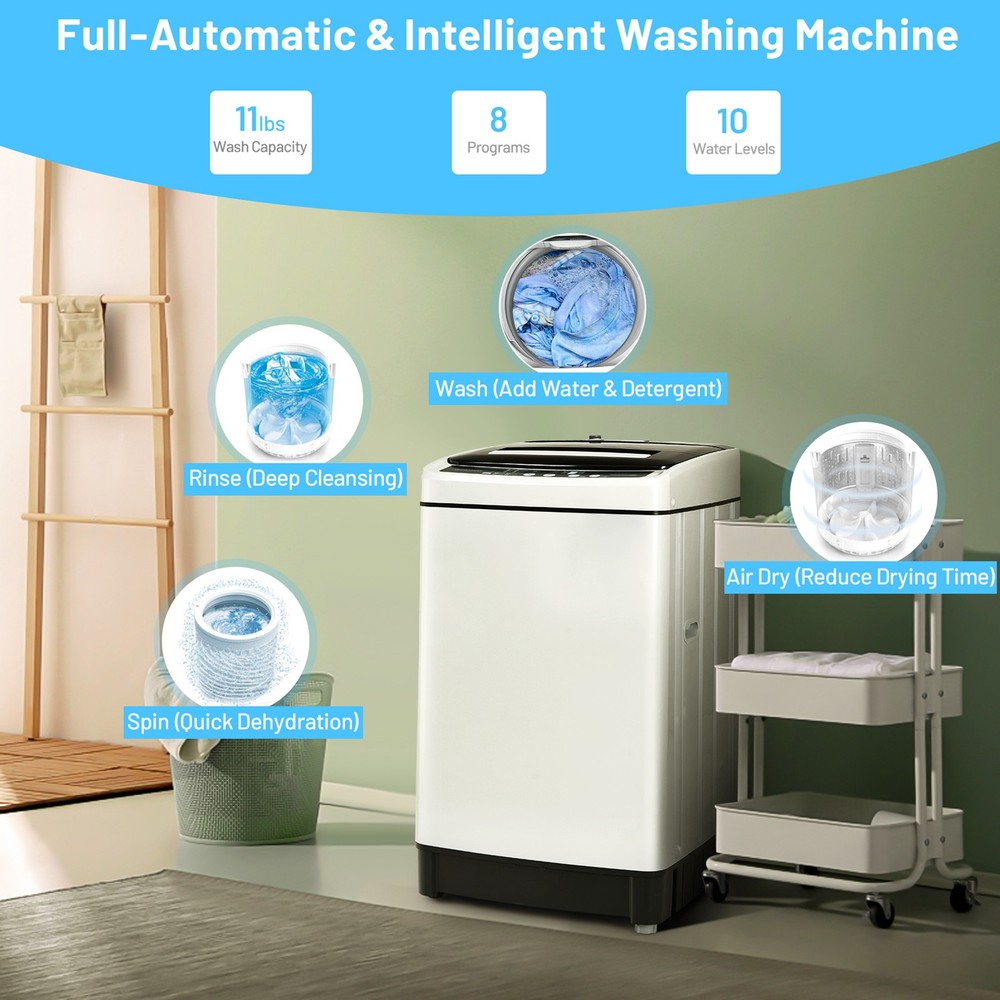 Compact Full-automatic Washing Machine Laundry Washer w/ 11 lbs Capacity White