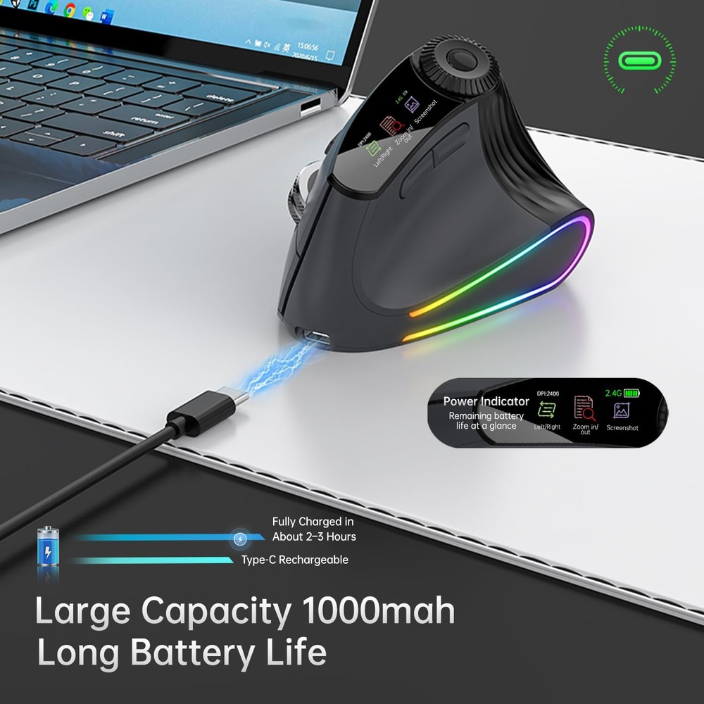 Ergonomic Vertical Wireless, Rechargeable Bluetooth Ultra-Fast Scrolling 4800...